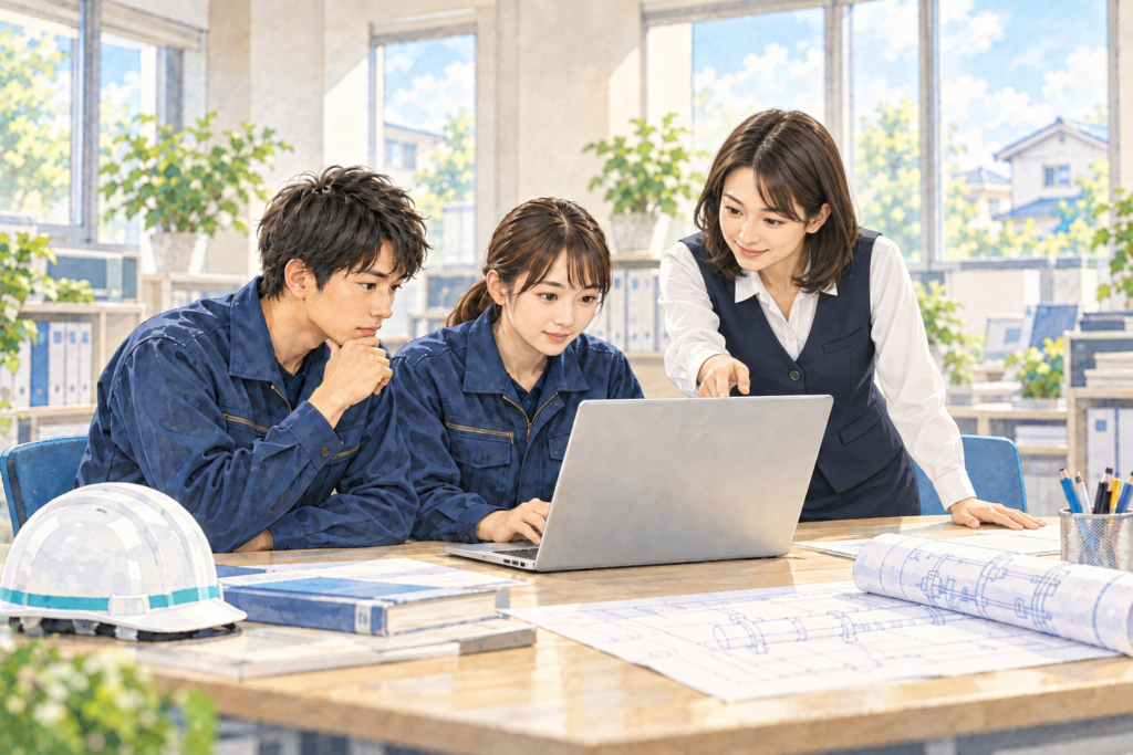 社員がパソコンを囲み、AIの活用方法を一緒に学ぶイメージイラスト
